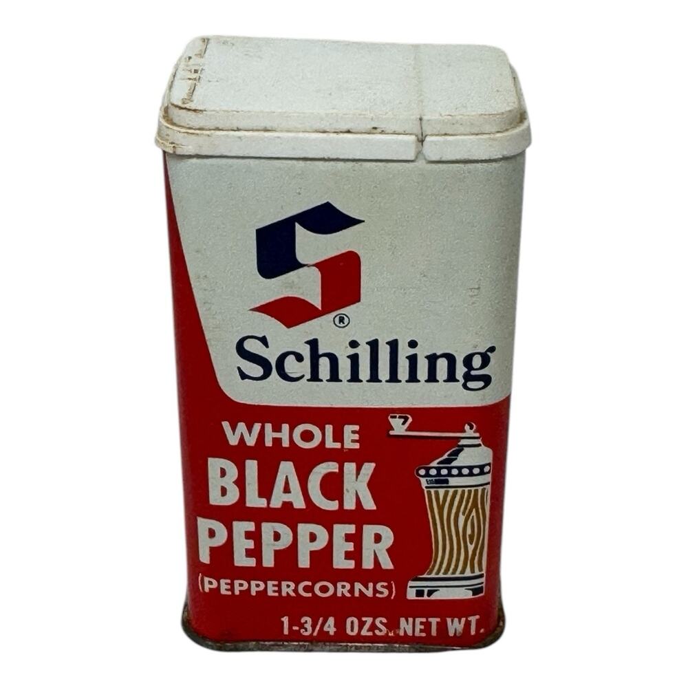VINTAGE Schilling Whole Black Pepper Peppercorns Red + White Spice Tin 1-3/4 oz